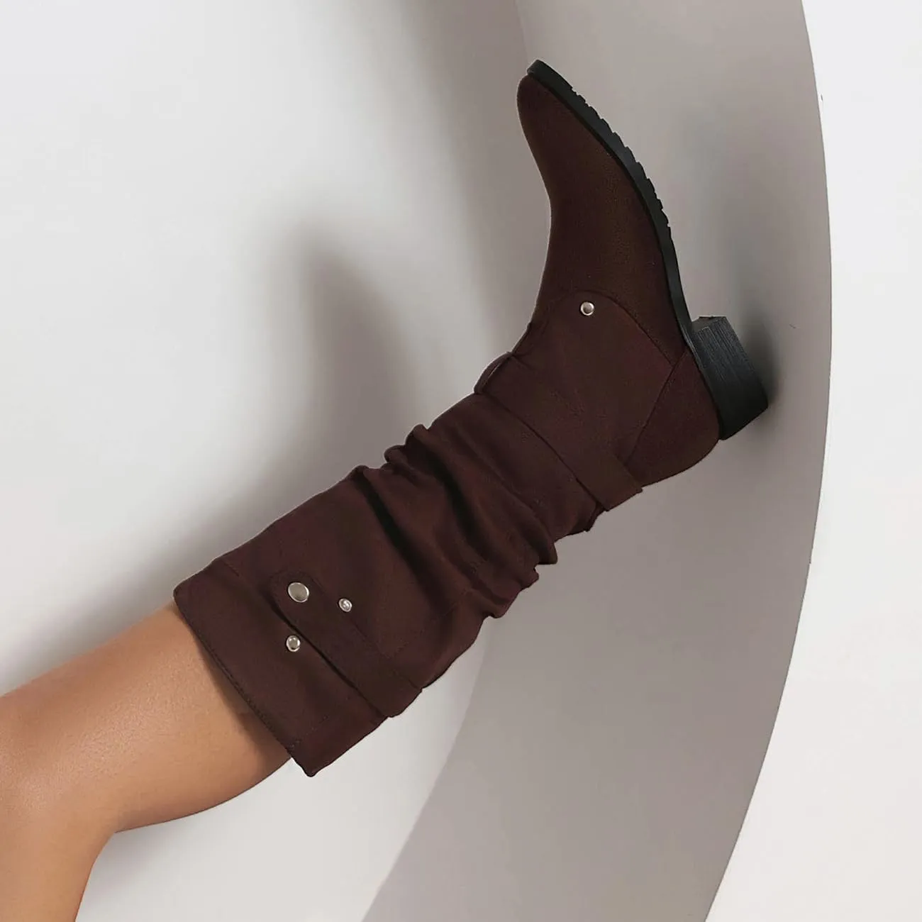 MRKEWUNEY Casual Womens Shelley Knee High Slouch Boots Pull On Internal Increase Pleated Mid Calf Boots
