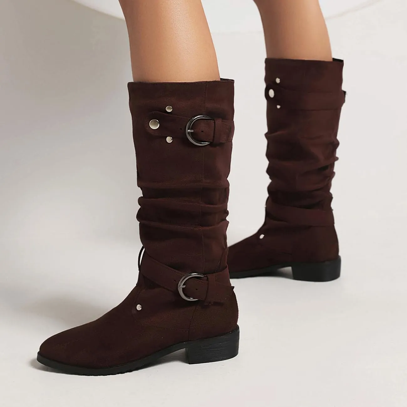 MRKEWUNEY Casual Womens Shelley Knee High Slouch Boots Pull On Internal Increase Pleated Mid Calf Boots