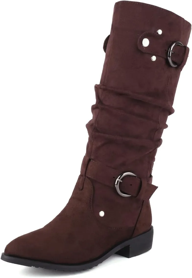 MRKEWUNEY Casual Womens Shelley Knee High Slouch Boots Pull On Internal Increase Pleated Mid Calf Boots