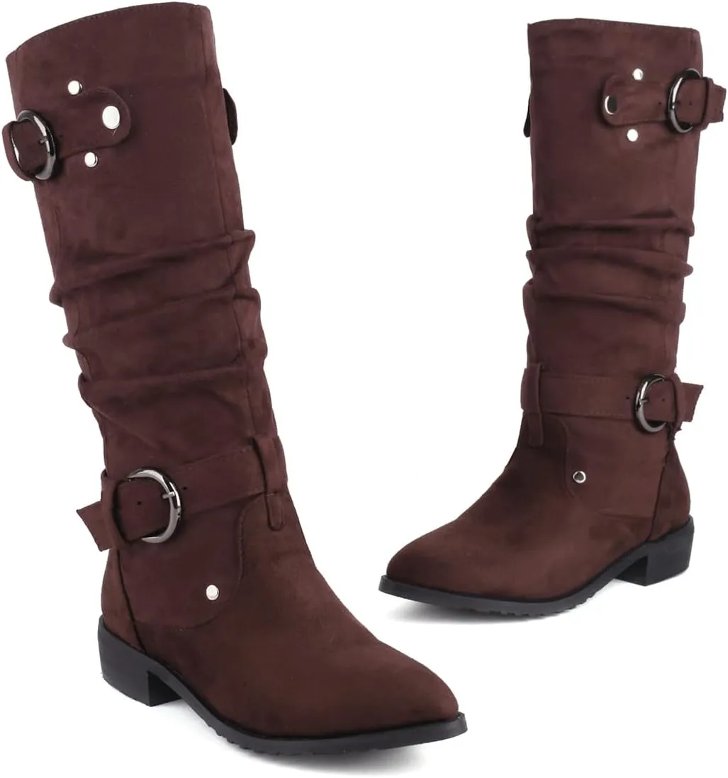 MRKEWUNEY Casual Womens Shelley Knee High Slouch Boots Pull On Internal Increase Pleated Mid Calf Boots