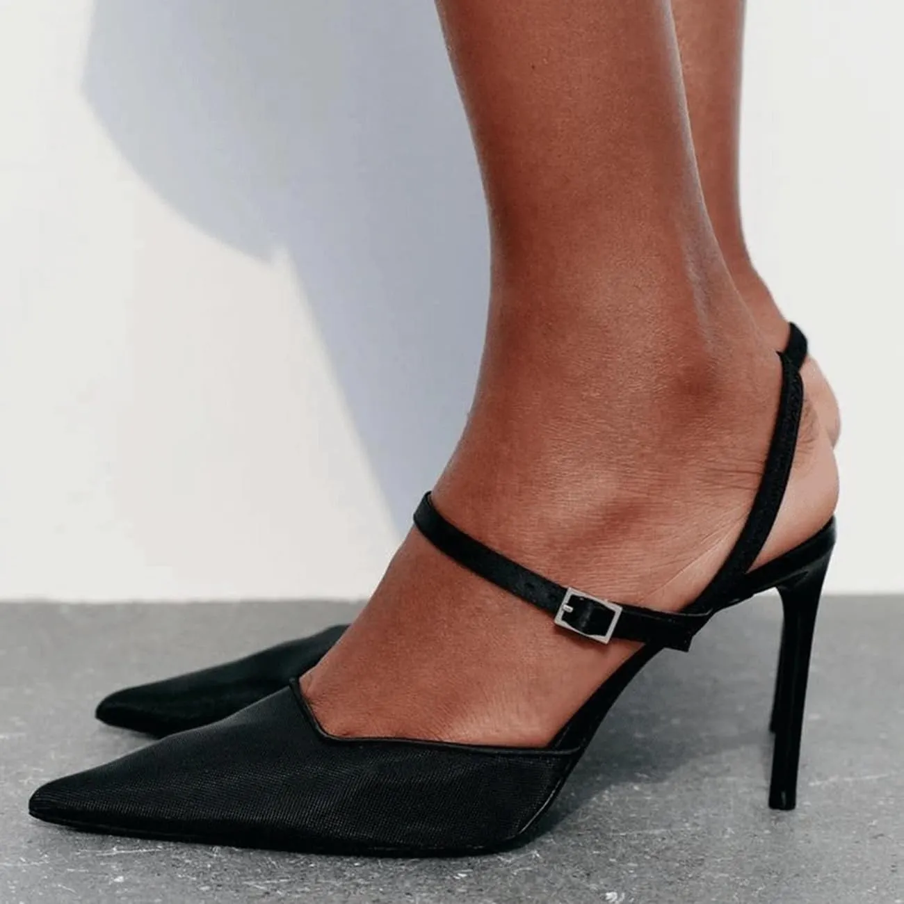 MRKEWUNEY Fashion Mesh Slingback Pumps Shoes for Women Ankle Strap Pointed Toe Pumps
