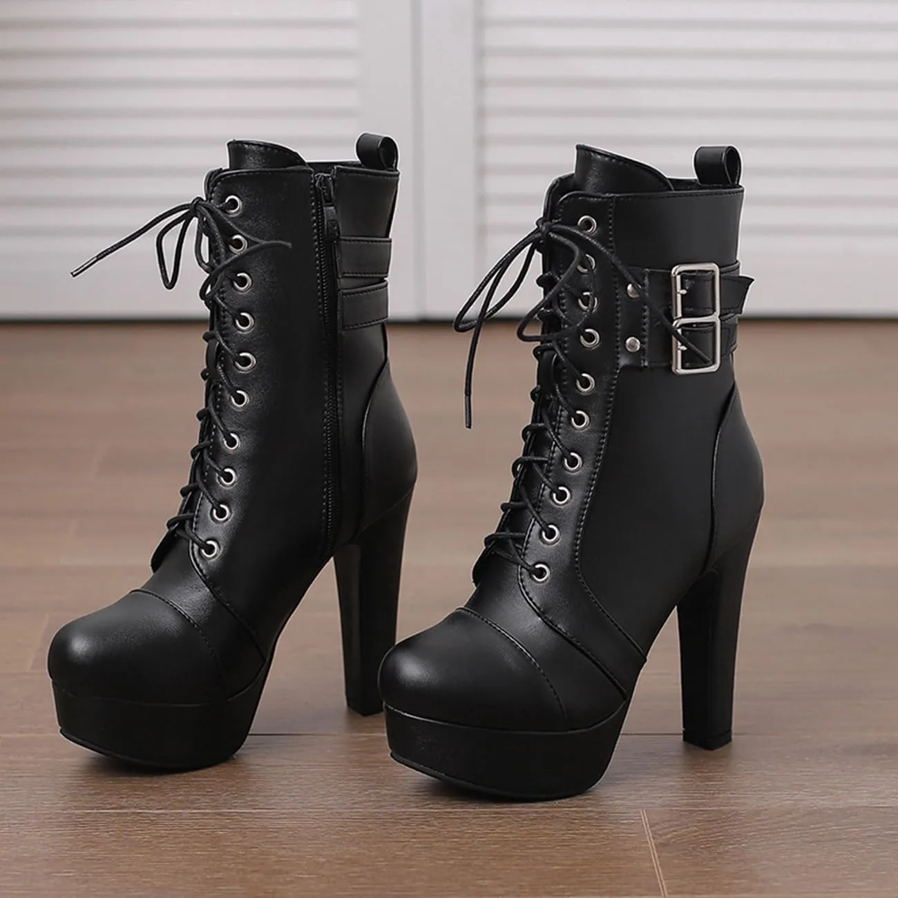 MRKEWUNEY Fashion Womens Chunky High Heels Ankle Boots Lace up Platform Heels Booties