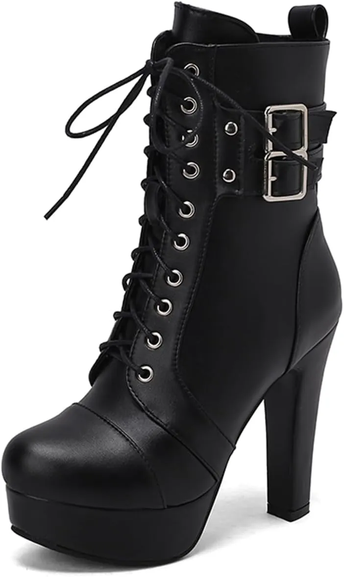 MRKEWUNEY Fashion Womens Chunky High Heels Ankle Boots Lace up Platform Heels Booties