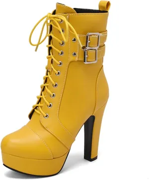 MRKEWUNEY Fashion Womens Chunky High Heels Ankle Boots Lace up Platform Heels Booties
