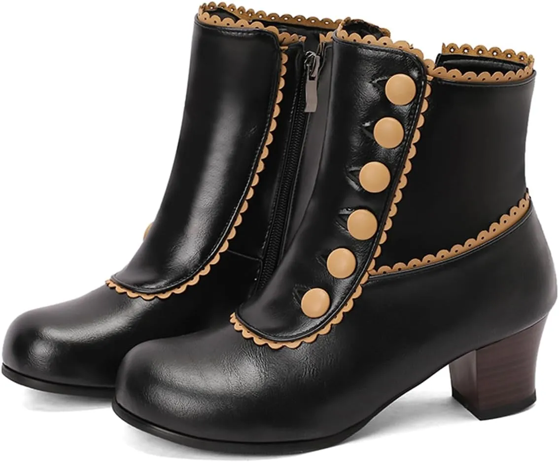 MRKEWUNEY Vintage Women Victorian Boots 70s Kitten Heel Ankle Boots