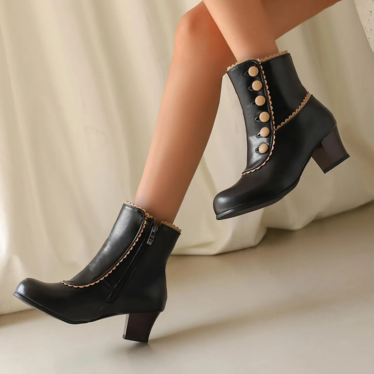 MRKEWUNEY Vintage Women Victorian Boots 70s Kitten Heel Ankle Boots