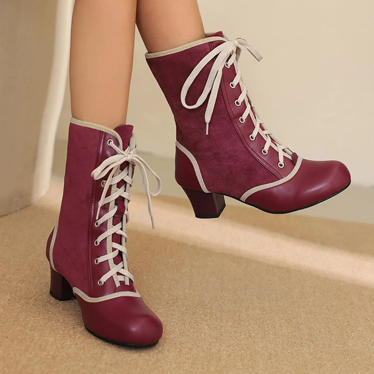 MRKEWUNEY Vintage Women Victorian Boots 70s Kitten Heel Ankle Boots