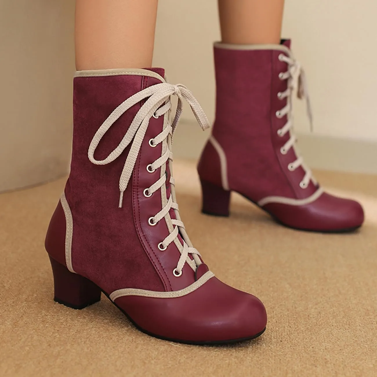 MRKEWUNEY Vintage Women Victorian Boots 70s Kitten Heel Ankle Boots