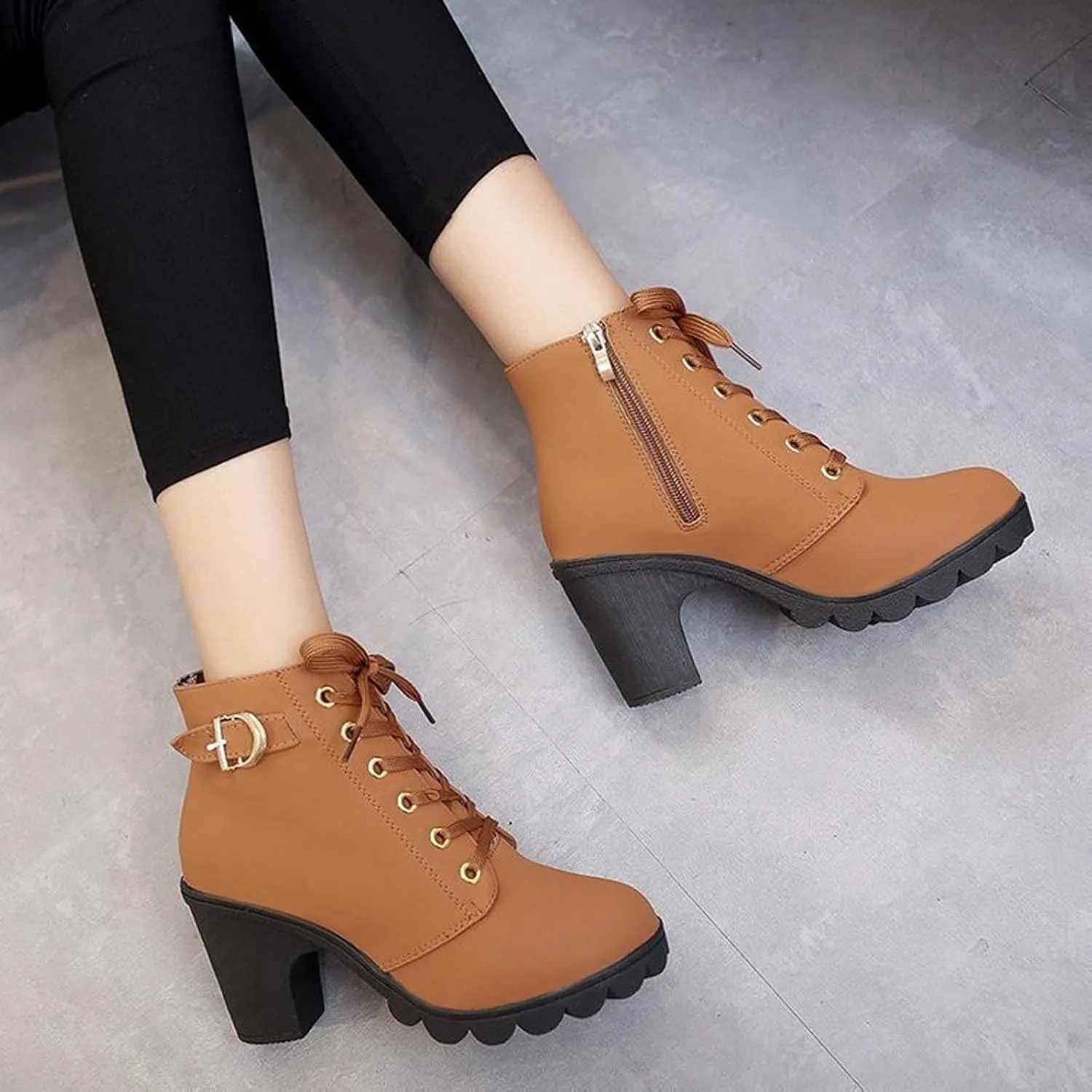 oiangi Boots for Women Chunky Heel Ankle Booties Fashion Round Toe Lace Up Belt Buckle Side Zipper Block High Heel Boots Solid Casual Comfy Ladies Shoes
