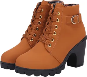 oiangi Boots for Women Chunky Heel Ankle Booties Fashion Round Toe Lace Up Belt Buckle Side Zipper Block High Heel Boots Solid Casual Comfy Ladies Shoes