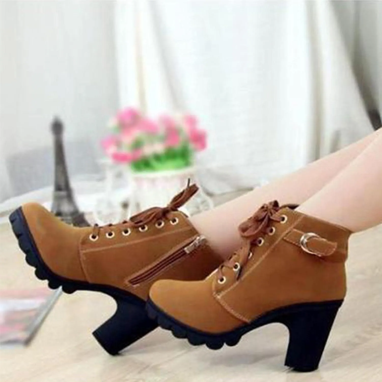 oiangi Boots for Women Chunky Heel Ankle Booties Fashion Round Toe Lace Up Belt Buckle Side Zipper Block High Heel Boots Solid Casual Comfy Ladies Shoes