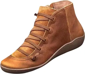 oiangi Leather Boots for Women Casual Retro Round Toe Lace-Up Flat Ankle Booties Side Zipper Plus Size Comfortable Ladies Outdoor Shoe Short Boots