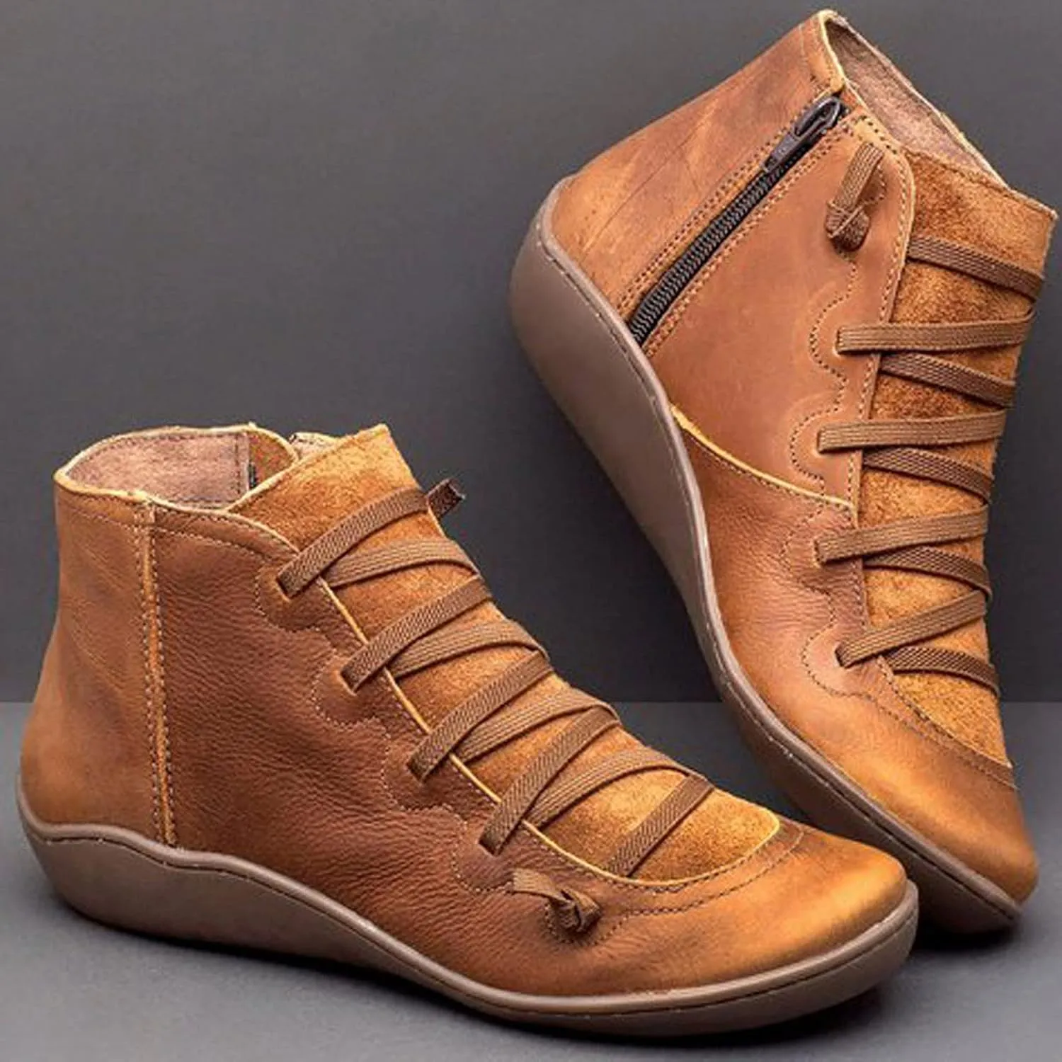 oiangi Leather Boots for Women Casual Retro Round Toe Lace-Up Flat Ankle Booties Side Zipper Plus Size Comfortable Ladies Outdoor Shoe Short Boots