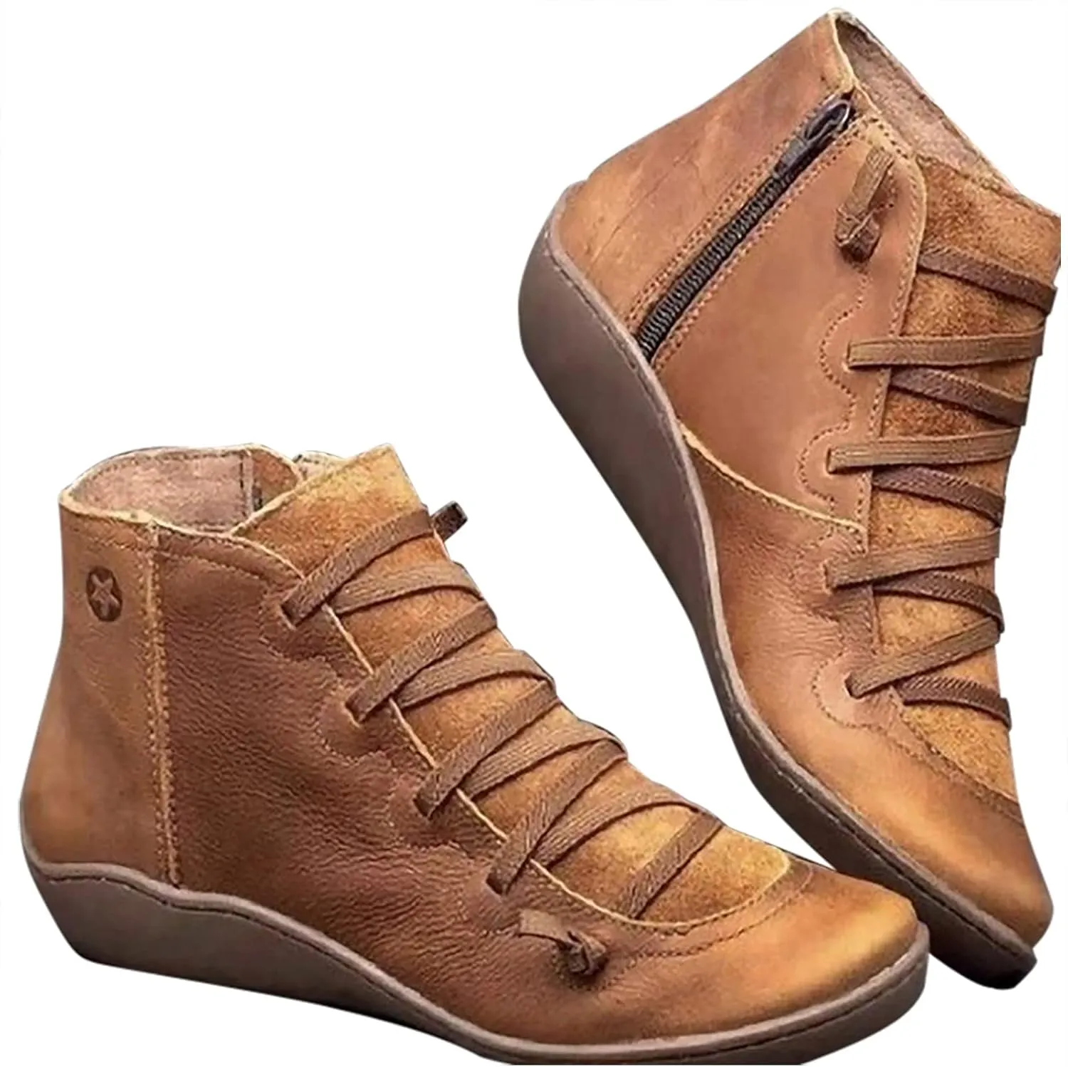 oiangi Leather Boots for Women Casual Retro Round Toe Lace-Up Flat Ankle Booties Side Zipper Plus Size Comfortable Ladies Outdoor Shoe Short Boots