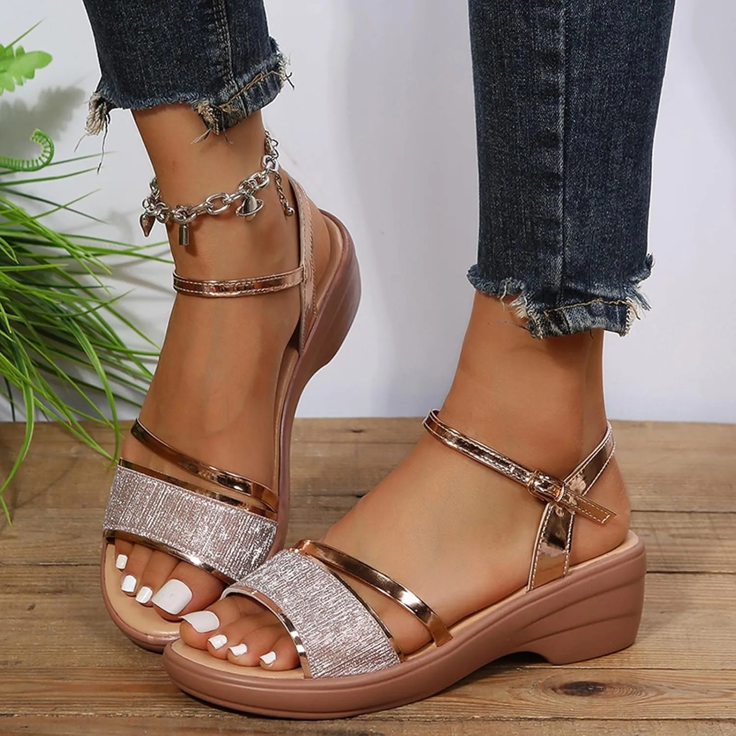 oiangi Summer Wedge Sandals for Women Fashion Casual Fish Mouth Open Toe Ankle Straps Buckle Platform Sandals Sparkly Outdoor Ladies High Heel Shoes
