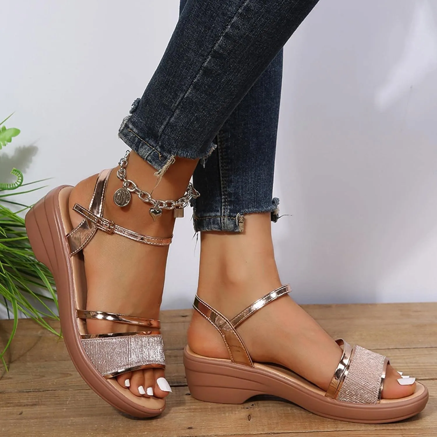 oiangi Summer Wedge Sandals for Women Fashion Casual Fish Mouth Open Toe Ankle Straps Buckle Platform Sandals Sparkly Outdoor Ladies High Heel Shoes