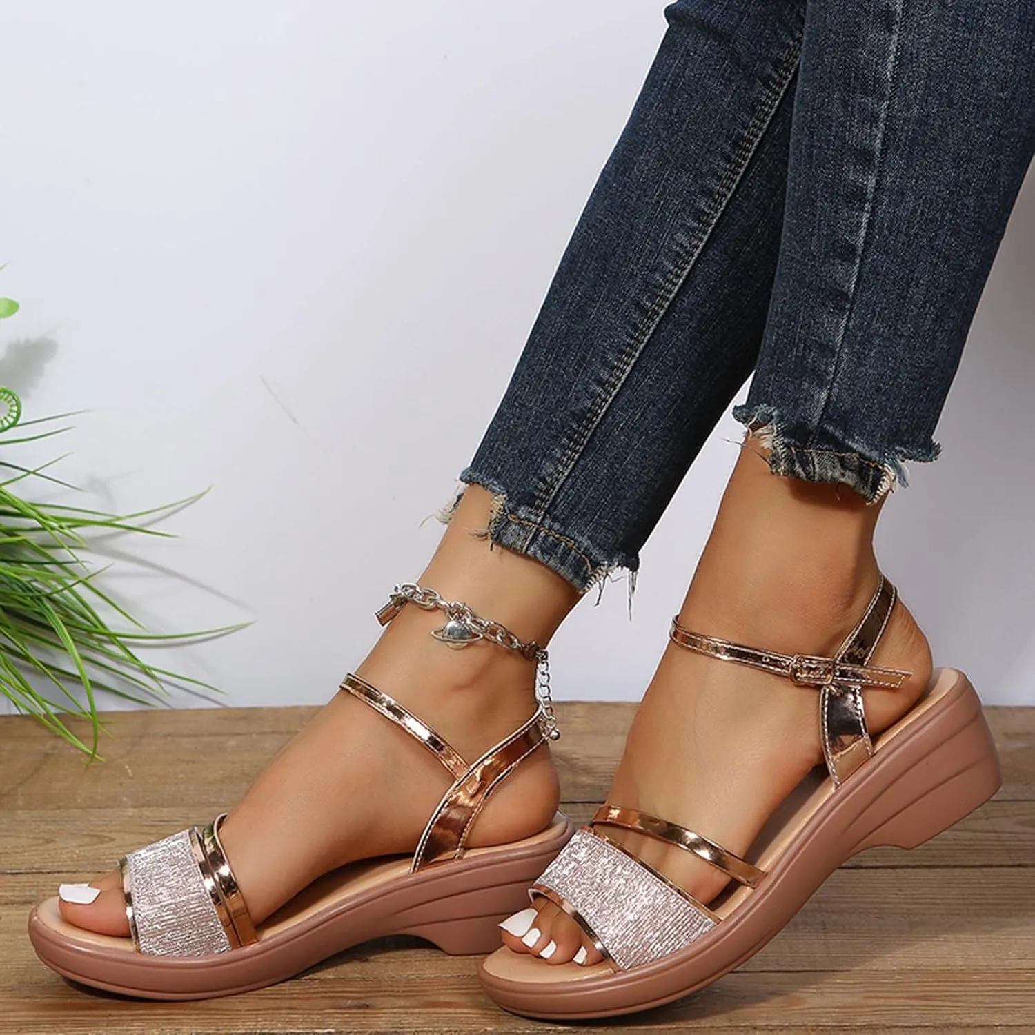 oiangi Summer Wedge Sandals for Women Fashion Casual Fish Mouth Open Toe Ankle Straps Buckle Platform Sandals Sparkly Outdoor Ladies High Heel Shoes