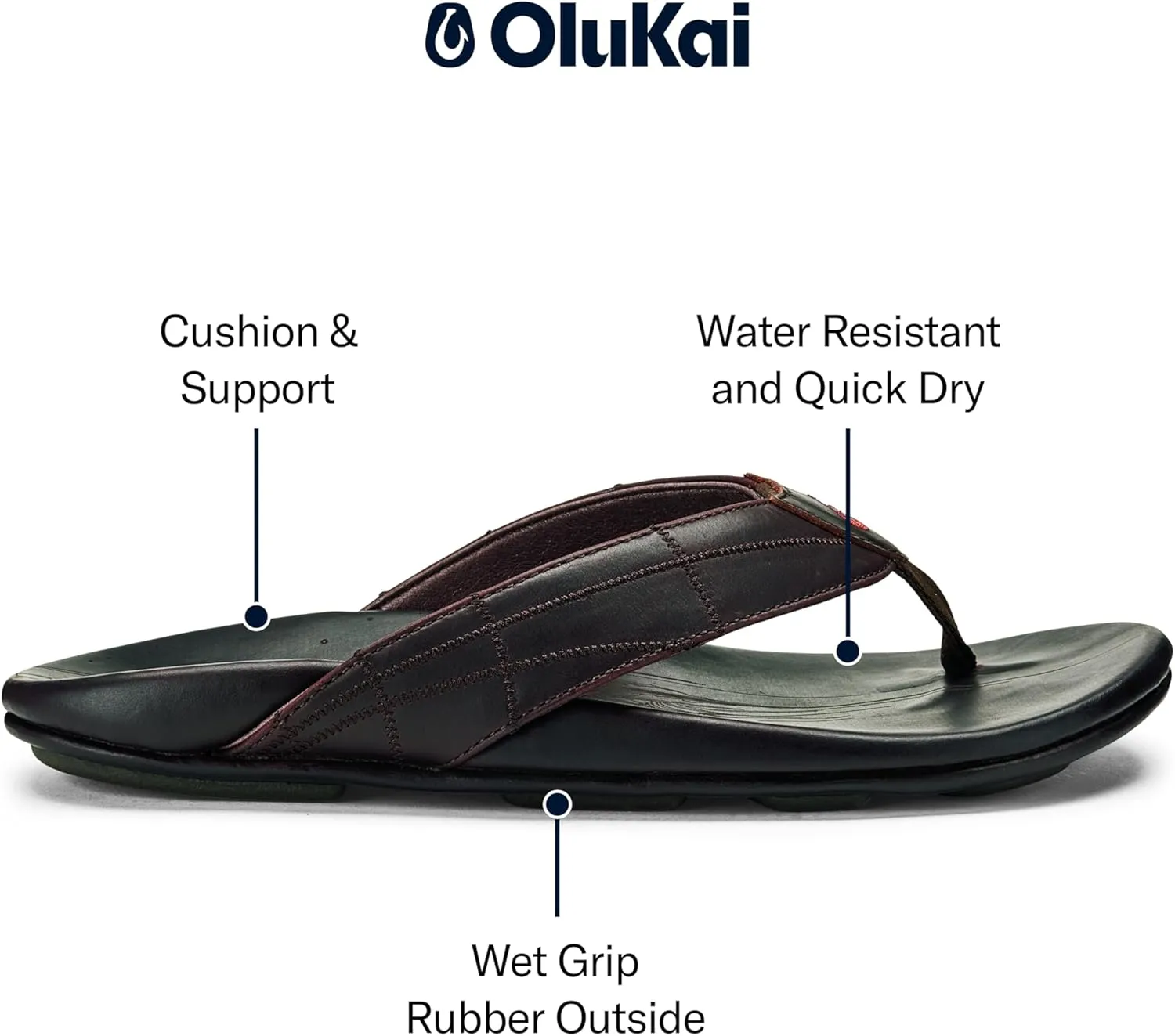 OLUKAI Hokule'a Kia Men's Leather Sandal, Full-Grain Leather, Non-Marking Rubber Traction Pads & Compression Molded Footbed