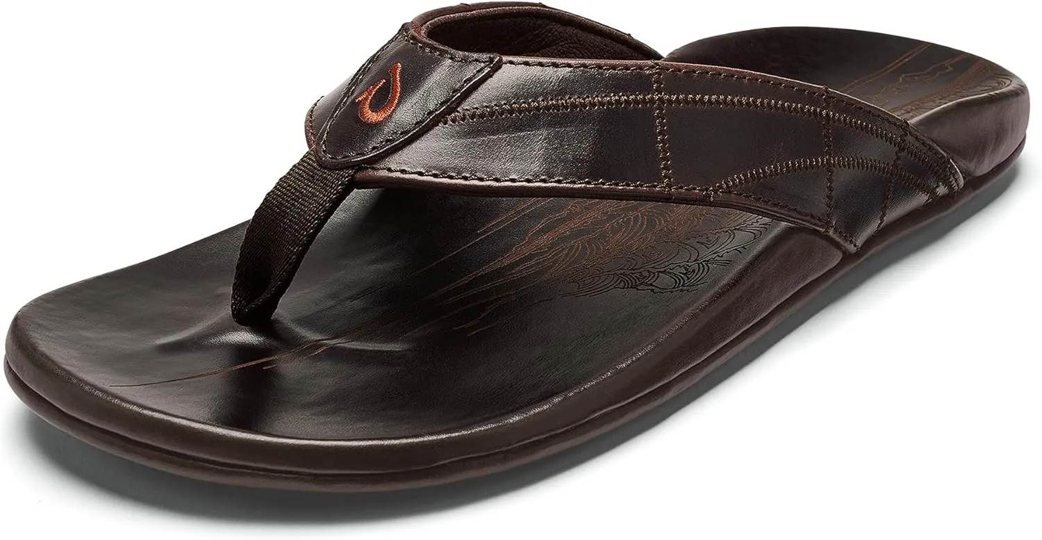 OLUKAI Hokule'a Kia Men's Leather Sandal, Full-Grain Leather, Non-Marking Rubber Traction Pads & Compression Molded Footbed