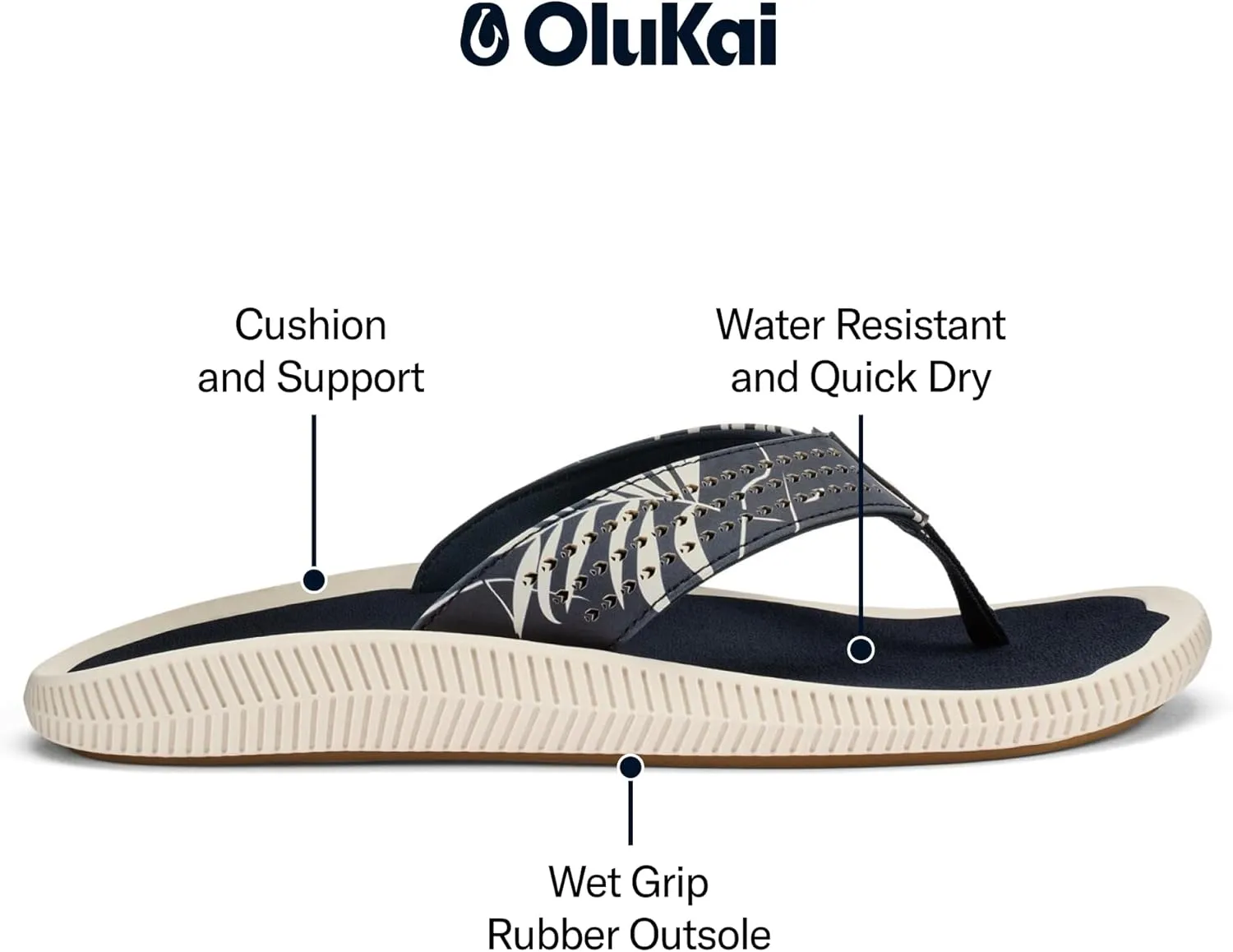 OLUKAI Ulele Men's Beach Sandals, Water Resistant Flip Flops, Arch Support & Comfort Fit, Lightweight & Durable, Enhanced Grip & Traction