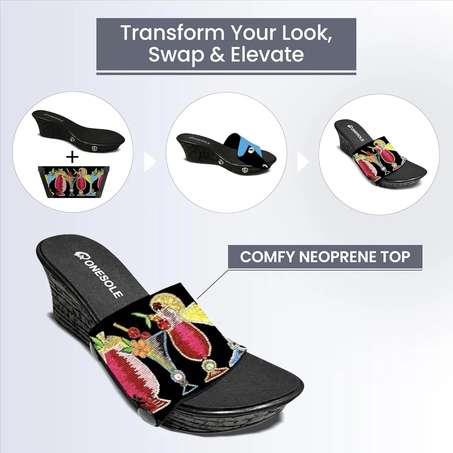 Onesole Casual Eve Black Faux Cork Wedge, Interchangeable 5 O’clock Somewhere tops, Turquoise tops and a travel bag, women's wedge Sandals 2.5 inch heel with 1 inch platform, As Seen on Shark Tank
