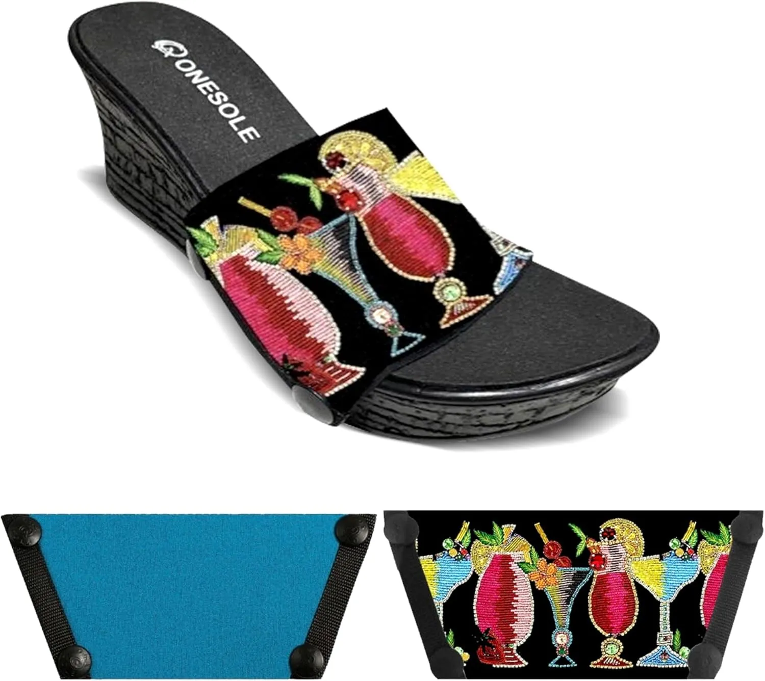 Onesole Casual Eve Black Faux Cork Wedge, Interchangeable 5 O’clock Somewhere tops, Turquoise tops and a travel bag, women's wedge Sandals 2.5 inch heel with 1 inch platform, As Seen on Shark Tank