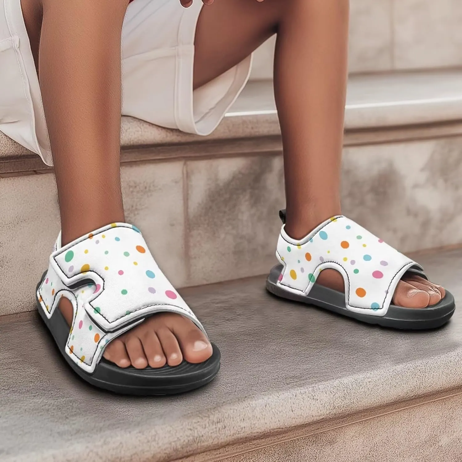 Open Toe Boys Polka Dots Dogs Printed Sandals Hook and Loop Strap Sport Athletic Slippers for Poolside Lounging