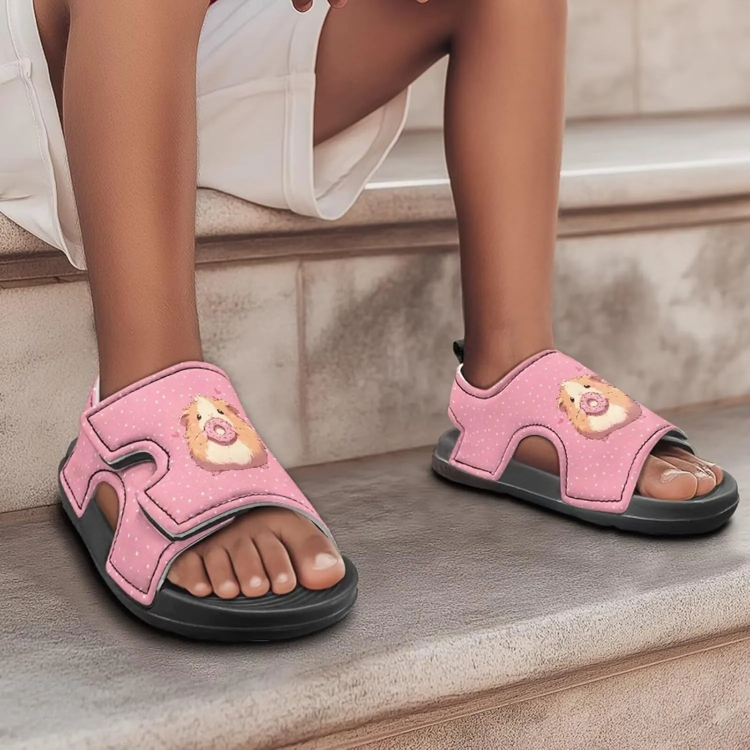 Open Toe Cartoon Hamster Pig Kids' Sandals for Girls Thick Sole Leather Slipper for Casual Wear