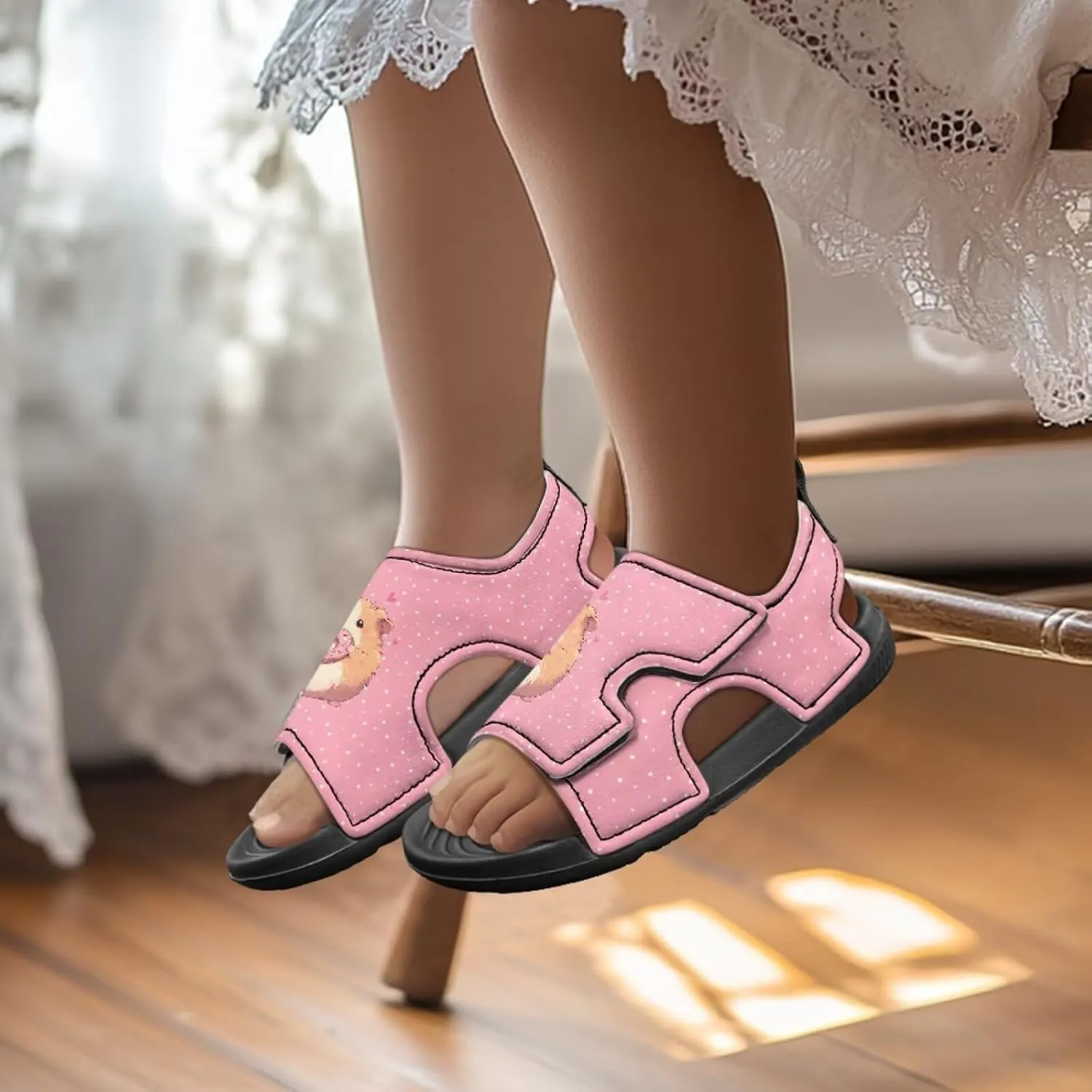 Open Toe Cartoon Hamster Pig Kids' Sandals for Girls Thick Sole Leather Slipper for Casual Wear