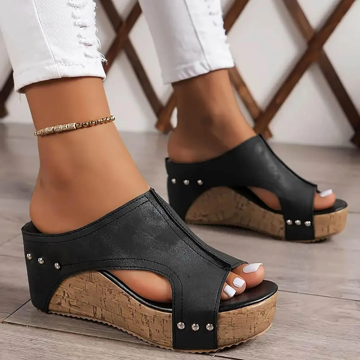 Orthopedic Platform Wedge Sandals for Women Summer Dressy Thick Sole Comfy Leather Wedges Comfortable Cork Platform Sandals Non Slip Summer Slides Casual Dress Shoes