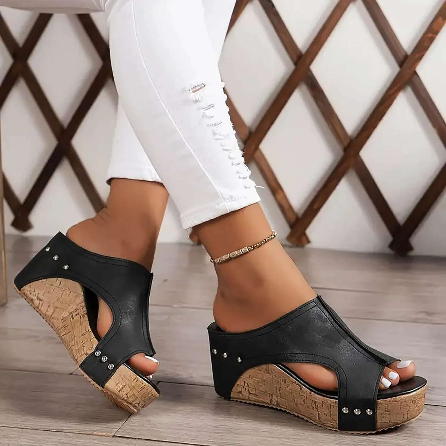 Orthopedic Platform Wedge Sandals for Women Summer Dressy Thick Sole Comfy Leather Wedges Comfortable Cork Platform Sandals Non Slip Summer Slides Casual Dress Shoes