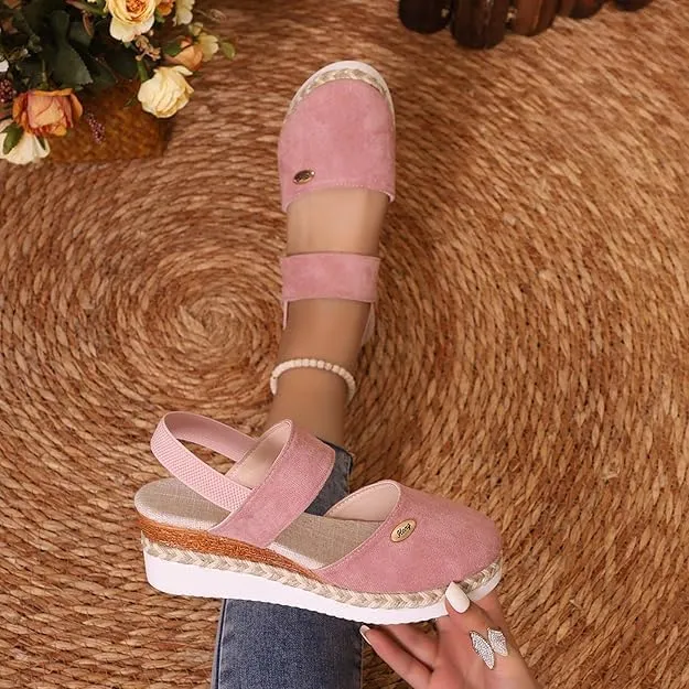 Orthopedic Platform Wedge Sandals for Women Summer Dressy，Elastic Ankle Strap Closed Toe Sandals Anti Slip Beach Sandals Comfortable Outdoor Shoes