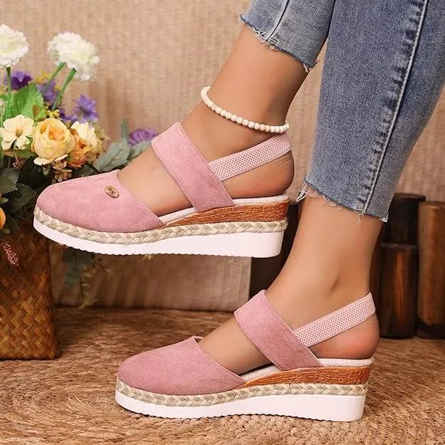 Orthopedic Platform Wedge Sandals for Women Summer Dressy，Elastic Ankle Strap Closed Toe Sandals Anti Slip Beach Sandals Comfortable Outdoor Shoes