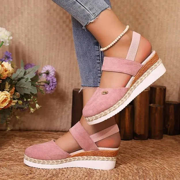 Orthopedic Platform Wedge Sandals for Women Summer Dressy，Elastic Ankle Strap Closed Toe Sandals Anti Slip Beach Sandals Comfortable Outdoor Shoes