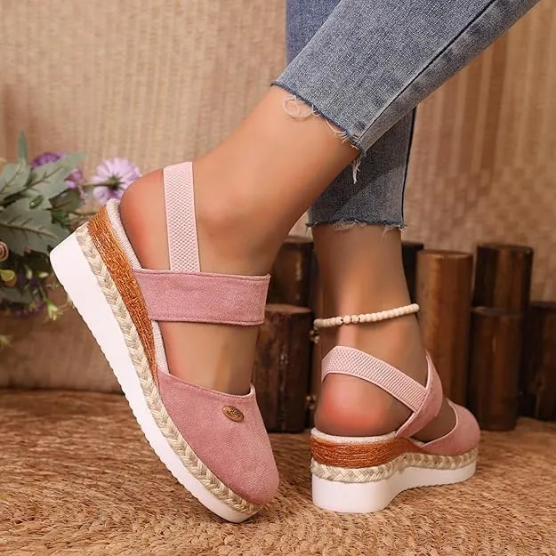 Orthopedic Platform Wedge Sandals for Women Summer Dressy，Elastic Ankle Strap Closed Toe Sandals Anti Slip Beach Sandals Comfortable Outdoor Shoes