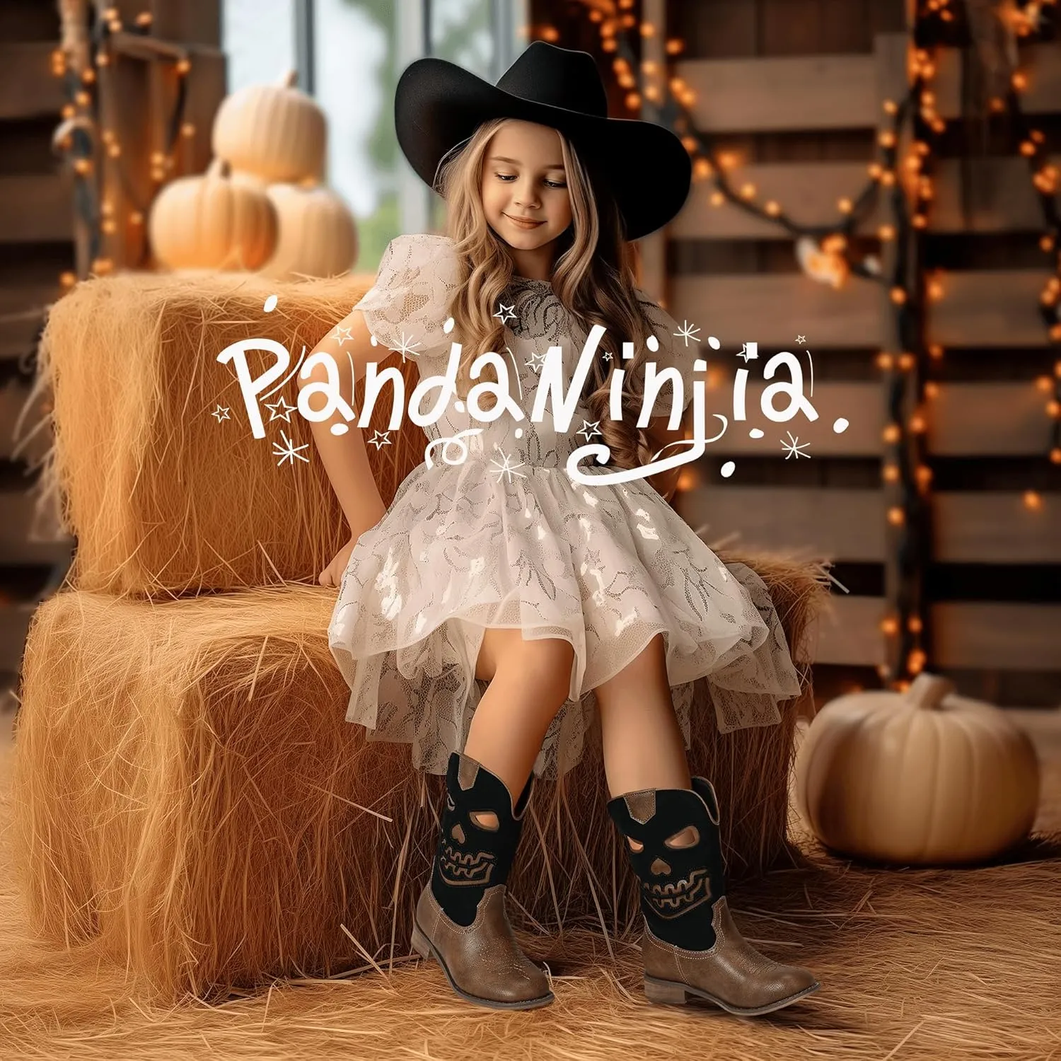 PANDANINJIA Girls Cowboy Boots For Boys Kids Toddler Western Mid Calf Cowgirl Boots Riding Shoes With Halloween Skull Element Booties