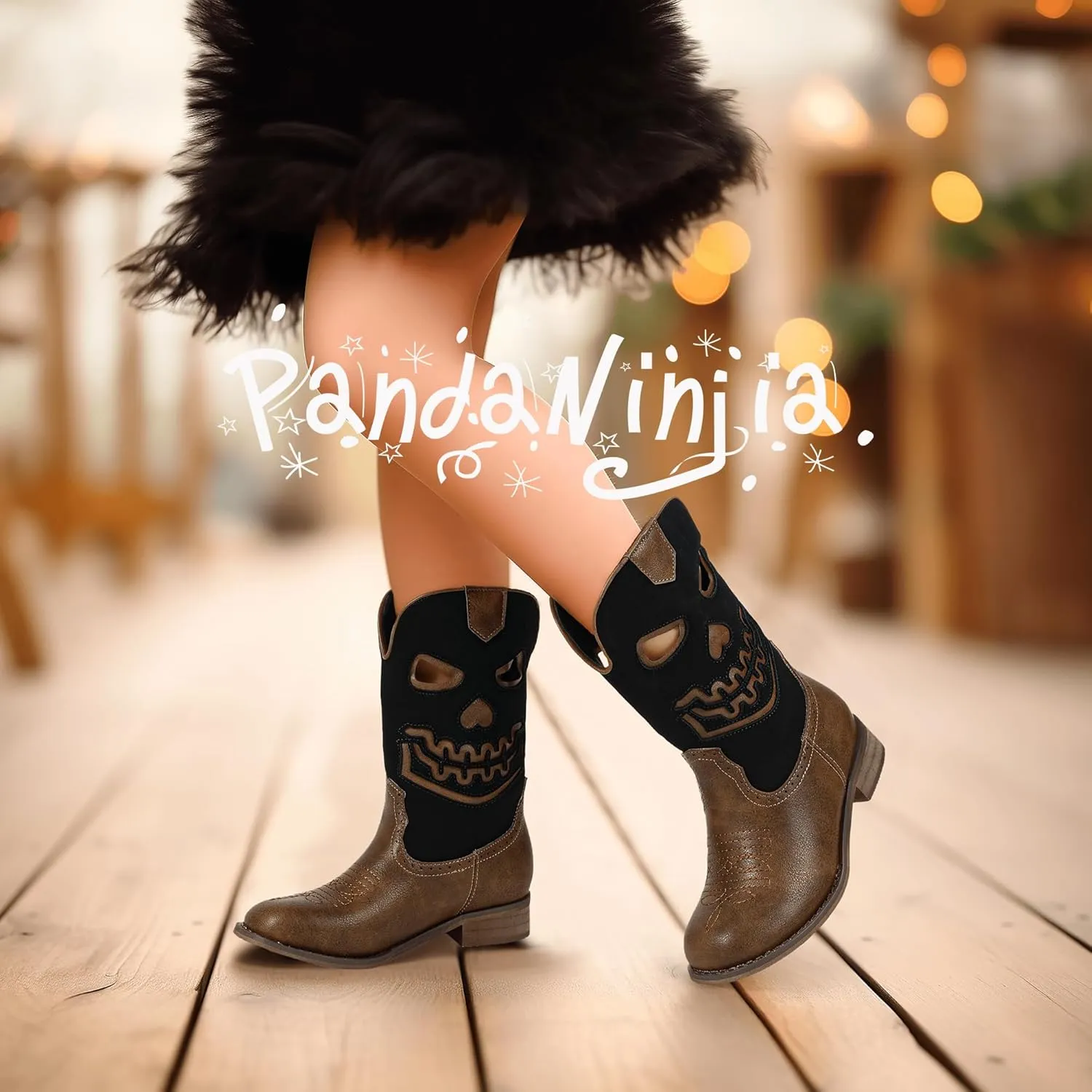 PANDANINJIA Girls Cowboy Boots For Boys Kids Toddler Western Mid Calf Cowgirl Boots Riding Shoes With Halloween Skull Element Booties