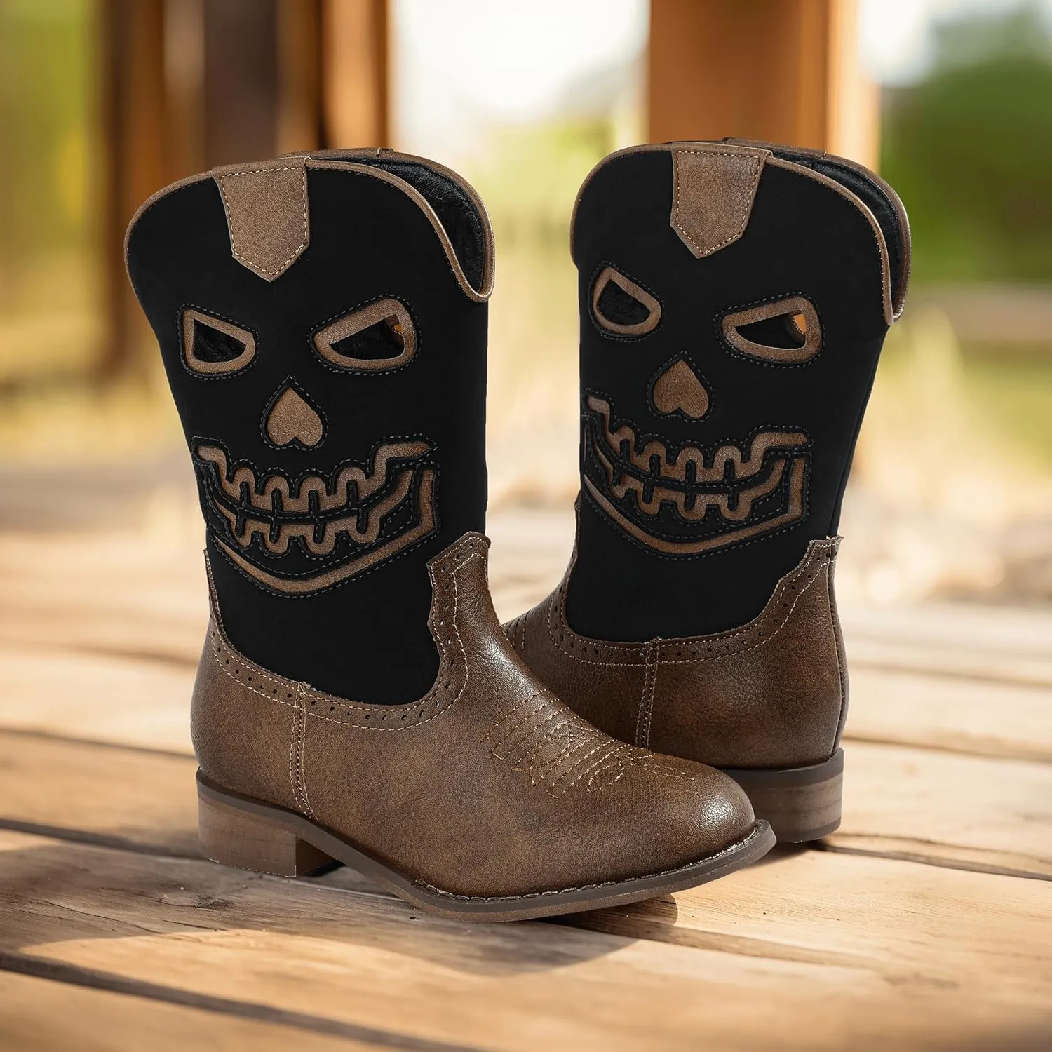 PANDANINJIA Girls Cowboy Boots For Boys Kids Toddler Western Mid Calf Cowgirl Boots Riding Shoes With Halloween Skull Element Booties