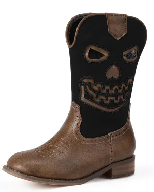 PANDANINJIA Girls Cowboy Boots For Boys Kids Toddler Western Mid Calf Cowgirl Boots Riding Shoes With Halloween Skull Element Booties