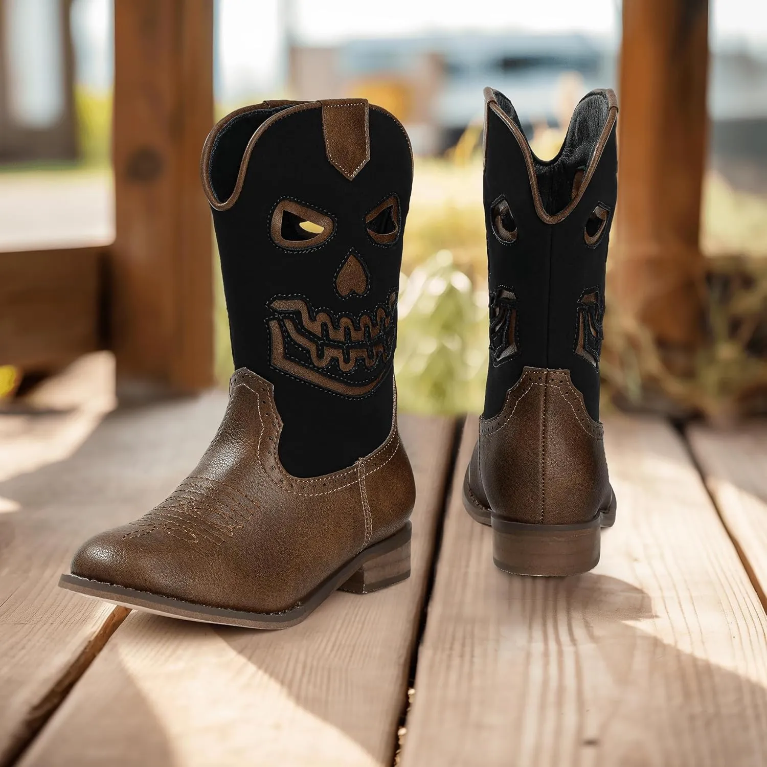PANDANINJIA Girls Cowboy Boots For Boys Kids Toddler Western Mid Calf Cowgirl Boots Riding Shoes With Halloween Skull Element Booties