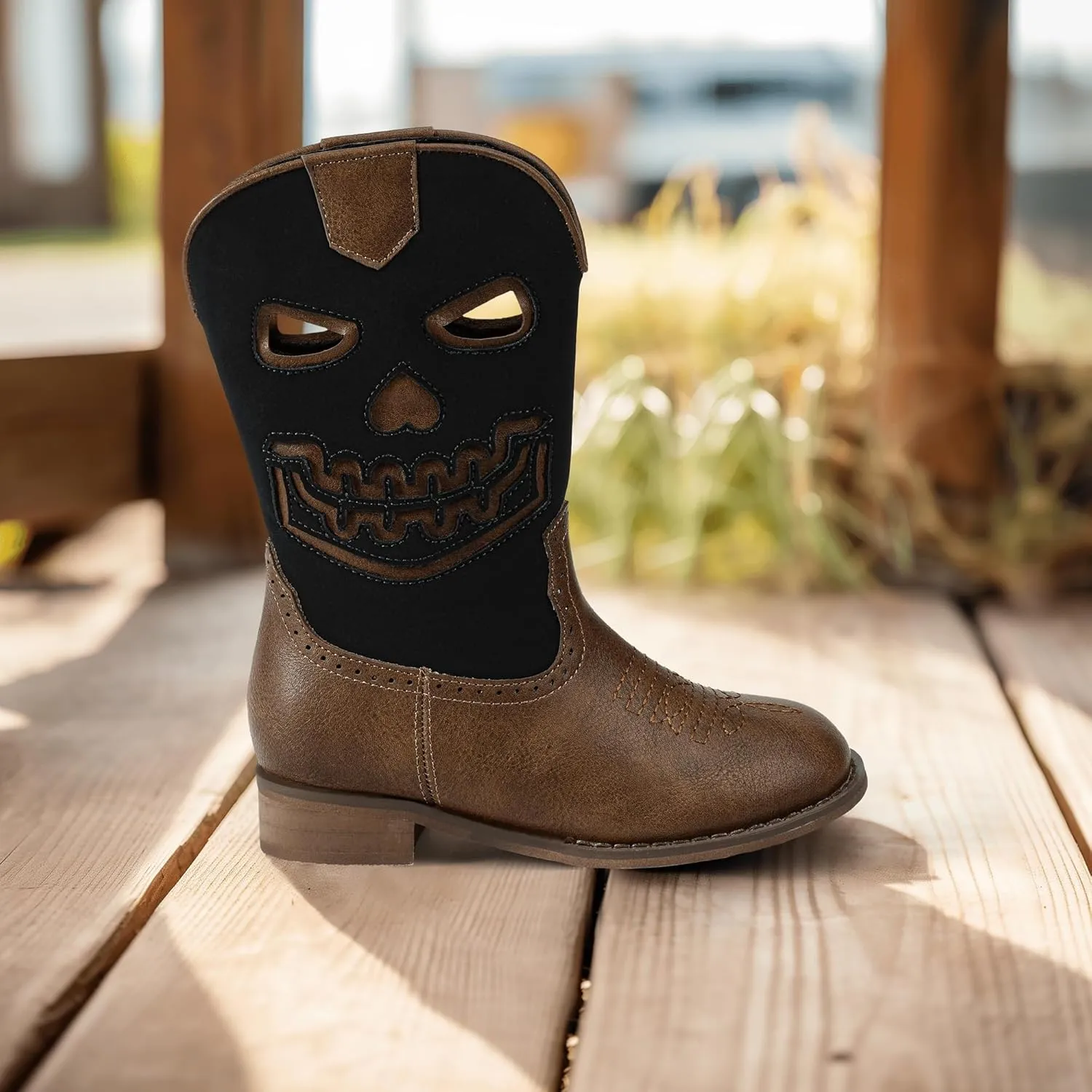 PANDANINJIA Girls Cowboy Boots For Boys Kids Toddler Western Mid Calf Cowgirl Boots Riding Shoes With Halloween Skull Element Booties