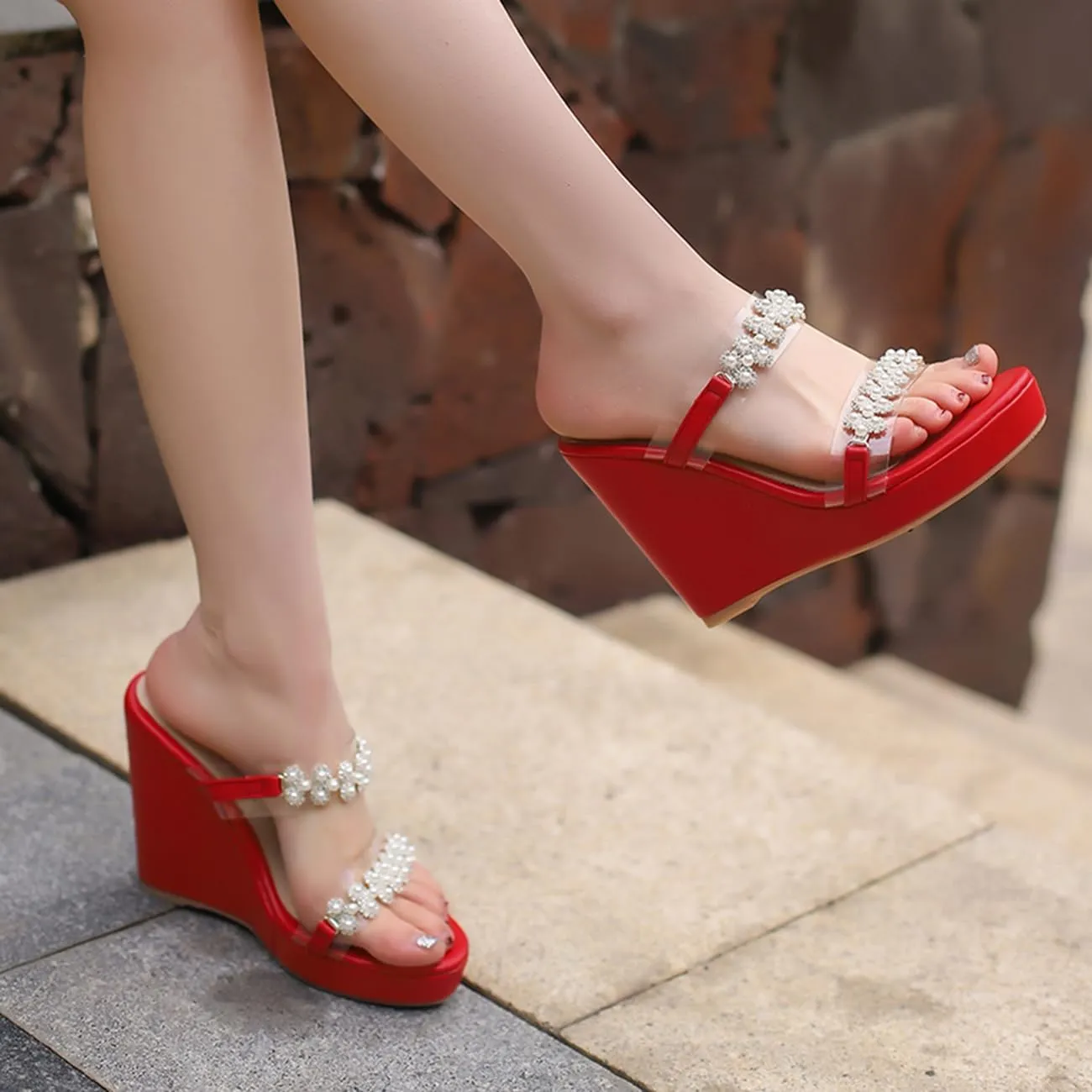 Pearl Wedge Heels for Women Clear Chunky Heel Sandals Two Strap Round Toe Sandals US3-13.5