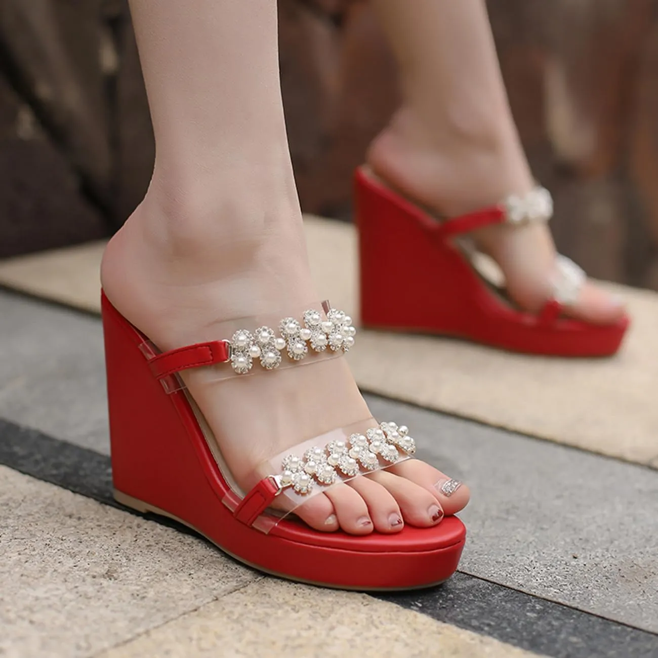 Pearl Wedge Heels for Women Clear Chunky Heel Sandals Two Strap Round Toe Sandals US3-13.5