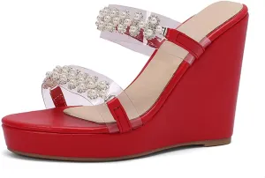Pearl Wedge Heels for Women Clear Chunky Heel Sandals Two Strap Round Toe Sandals US3-13.5