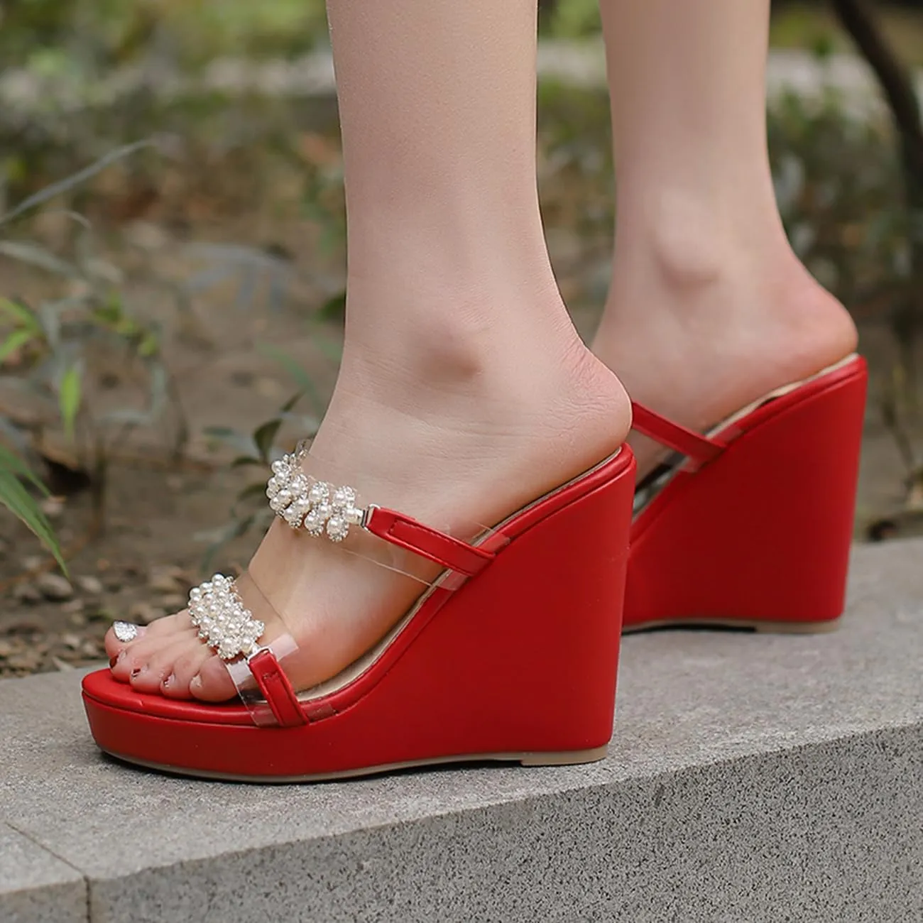 Pearl Wedge Heels for Women Clear Chunky Heel Sandals Two Strap Round Toe Sandals US3-13.5