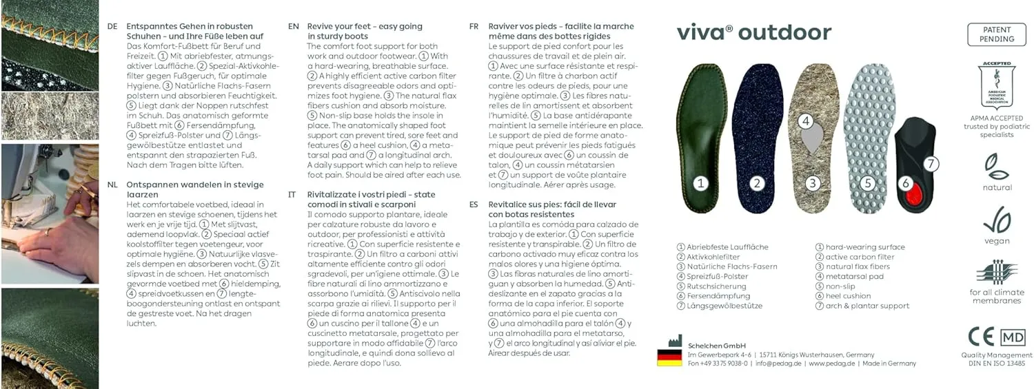 pedag Viva Outdoor | Made in Germany | Hiking Arch Support, Metatarsal Pad & Heel Cushion | Breathable Vegan Leather Insoles | Semi-Rigid | Prevents Foot Odor & Relieves Tired Feet. Size US M10/EU43