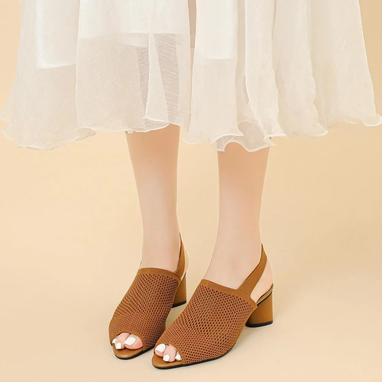 Peep Toe Heels for Women Dressy Chunky Heel Summer Shoes Womens Slingback Knitted Mesh Heels with Elastic Strap