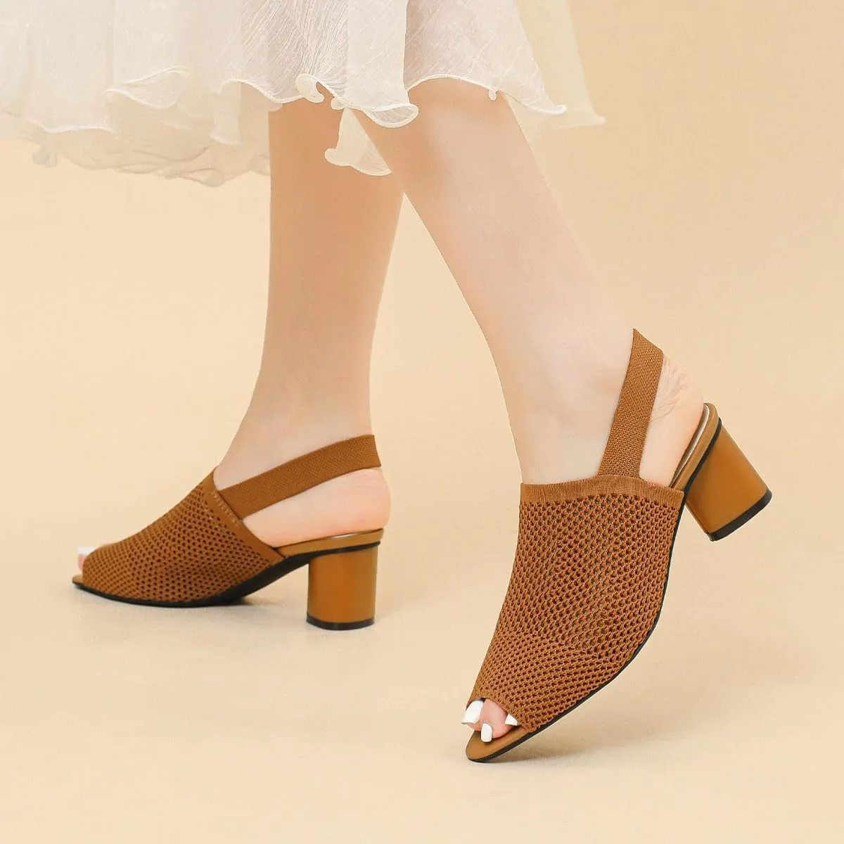 Peep Toe Heels for Women Dressy Chunky Heel Summer Shoes Womens Slingback Knitted Mesh Heels with Elastic Strap