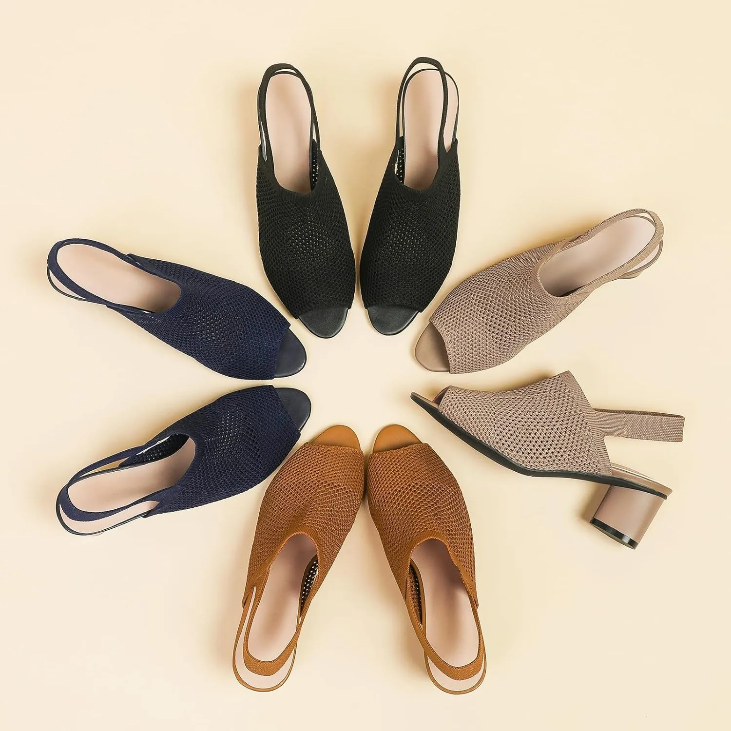 Peep Toe Heels for Women Dressy Chunky Heel Summer Shoes Womens Slingback Knitted Mesh Heels with Elastic Strap