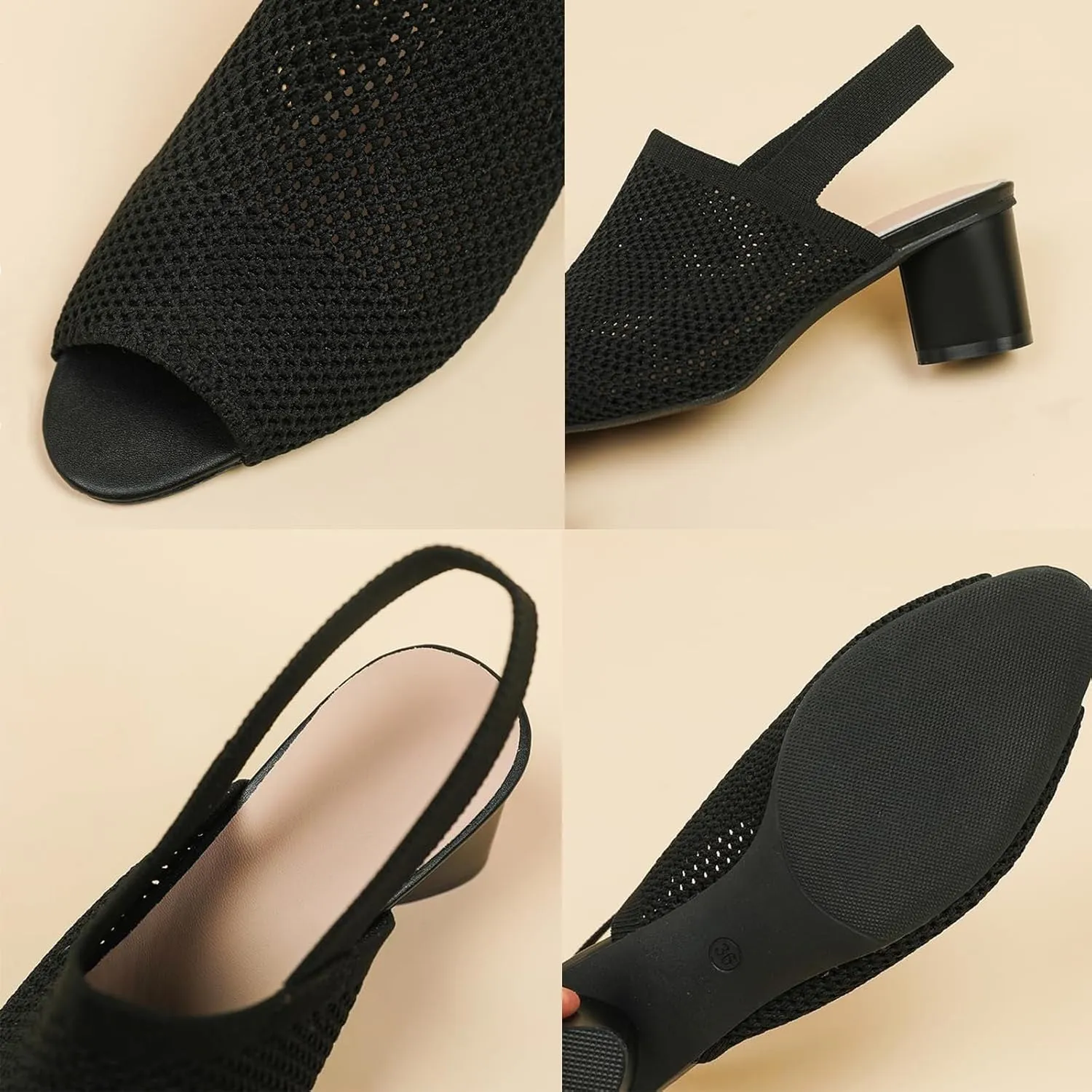 Peep Toe Heels for Women Dressy Chunky Heel Summer Shoes Womens Slingback Knitted Mesh Heels with Elastic Strap